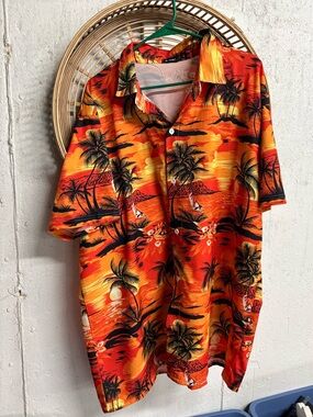 Men’s Hawaiian Shirt 3XL Orange Sunset Palm Tree Tropical Button Up Beach